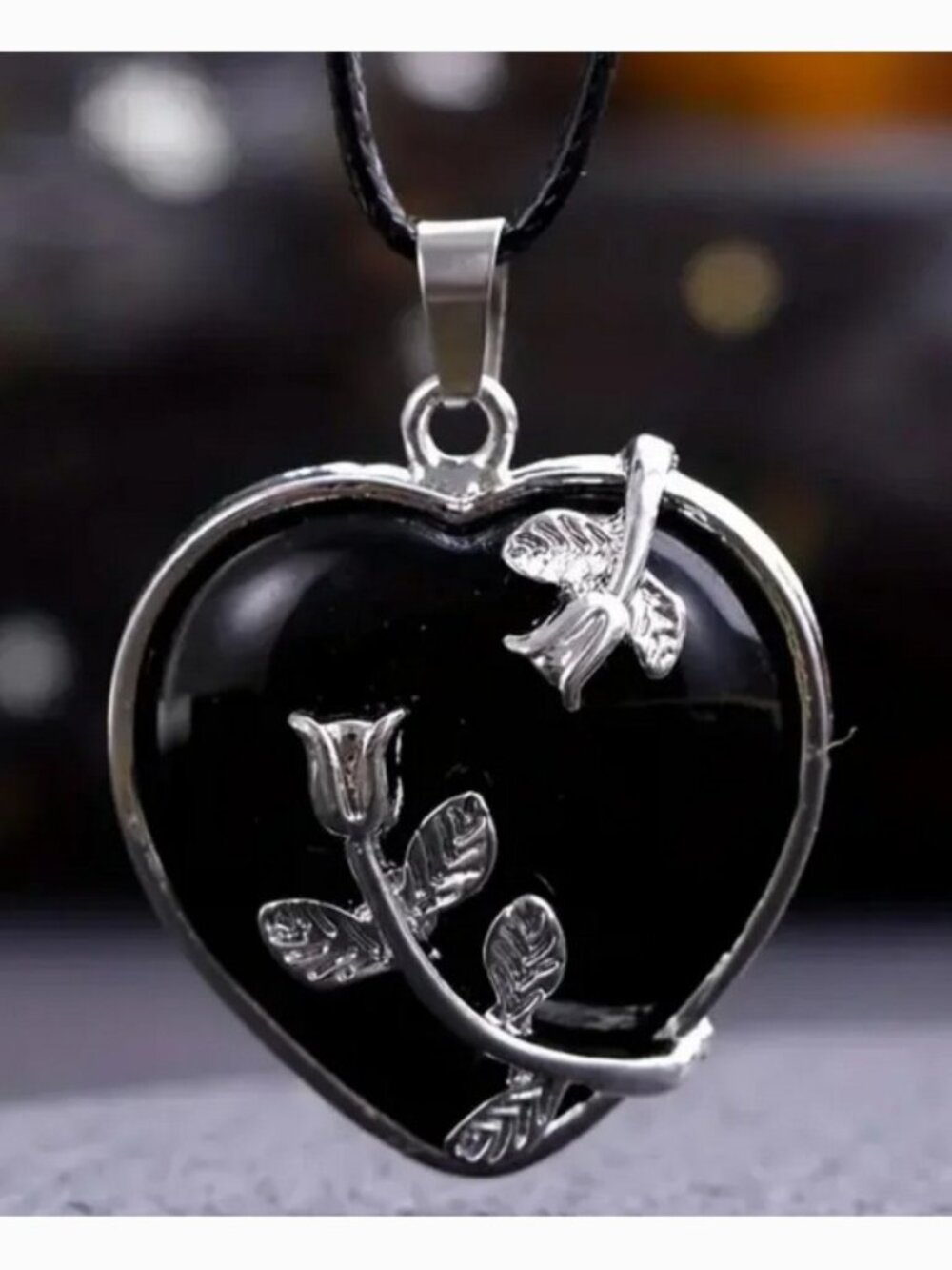 Black Obsidian Natural Gemstone Flower Heart Pendant Necklace